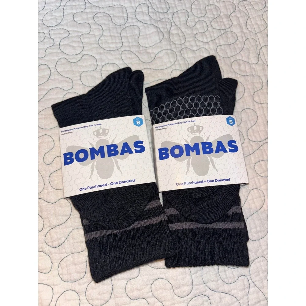 Bombas Crew Socks Black Grey Honeycomb Arch Support Small 2 Pairs Small